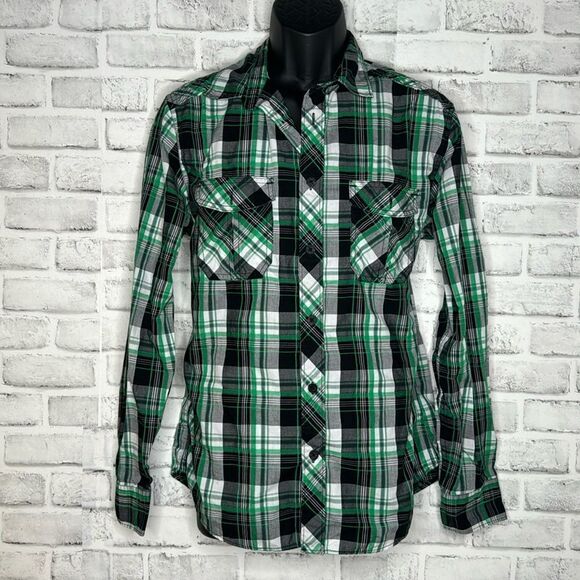 Helix Athletic Fit Black & Green Plaid Button Down Shirt Size Medium - Picture 1 of 5